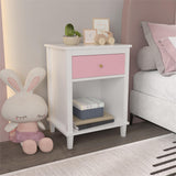 CEMKAR Wooden Nightstand, Bedroom Nightstand with 1 Drawer and 1 Open Compartment, Kids Nightstand (White+Pink) CEMKAR