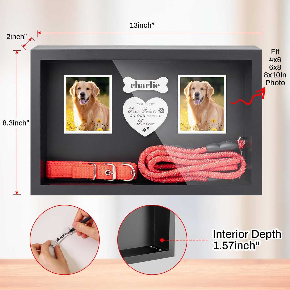 Dog Memorial Gifts for Loss of Dog, Pet Memorial Dog Picture Frame 13" Wooden Shadow Box Display with Collar & Leasd Holder, Sympathy Gift for Loss of Dog/Cat, Wall Hanging & Tabletop (Dark Grey) FITWOWFIT
