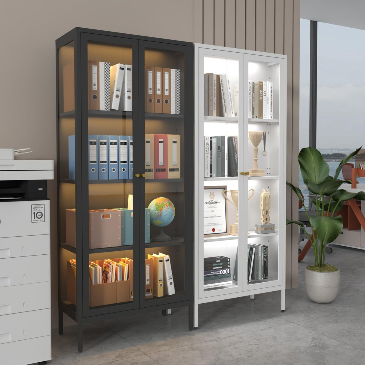 Kubohogar Display Cabinet with Glass Doors, 66" Curio Cabinet with 3 Color Lights, 4 Tier Display Case for Collectibles, Black Metal Cabinets for Living Room Office Kubohogar