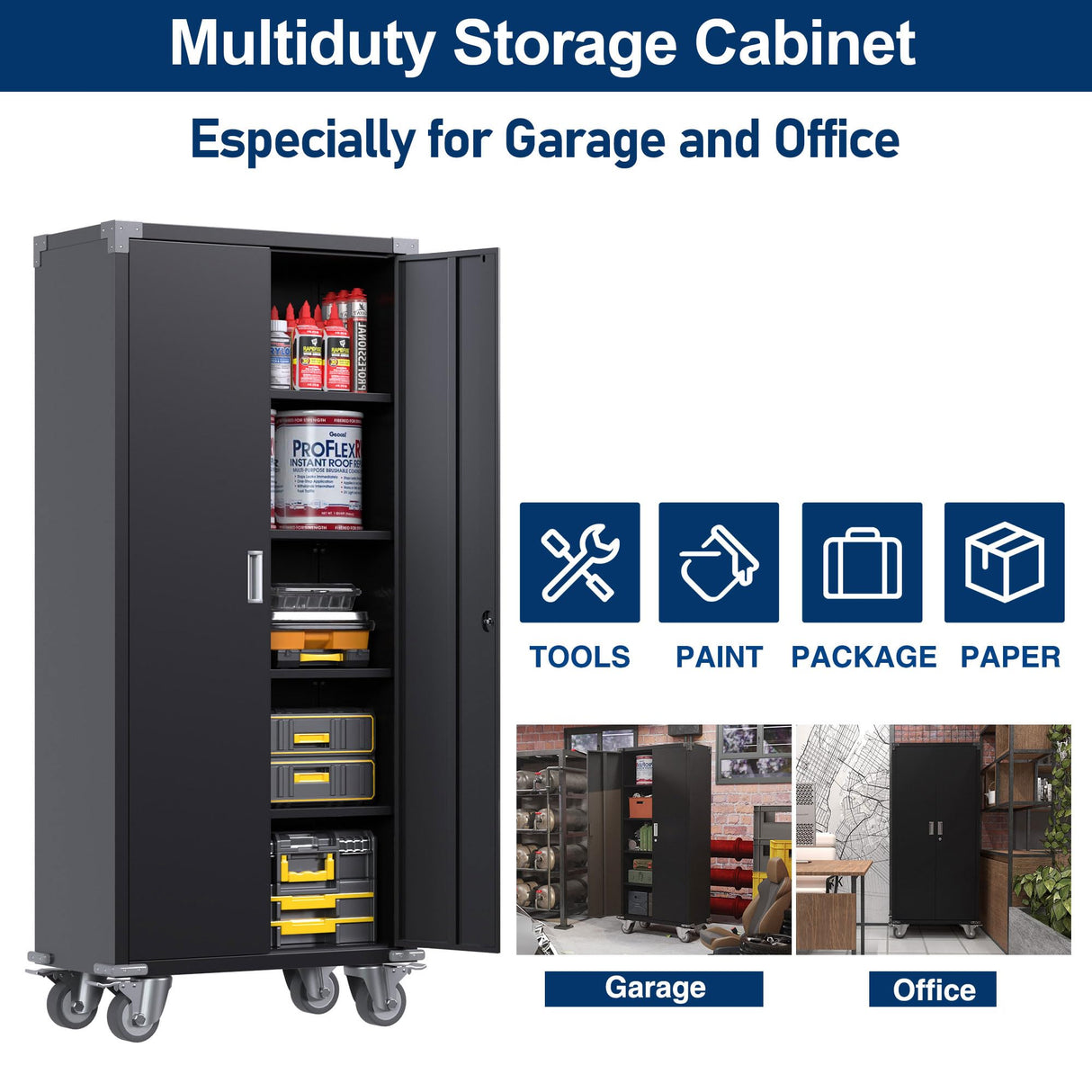 Aobabo 72 Inch Tall 2 Door Rolling Locking Metal Storage Cabinet Organizer with 4 Adjustable Shelves and 2 Keys for Garages and Offices, Black Aobabo