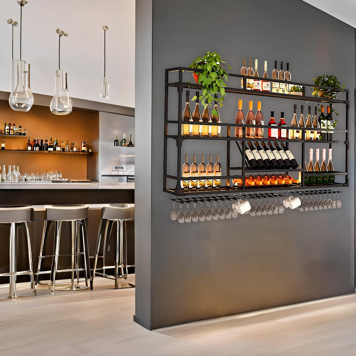 Wall Mounted Wine Rack, Floating Industrial Liquor Glass Holder 3 Tiers, Large Metal Wine Bottle Display Rack Hanging Shelf, for Home Bar Dining Room Decorative (Black-B, 47.42x35.43x9.84in) RAJYQODIS