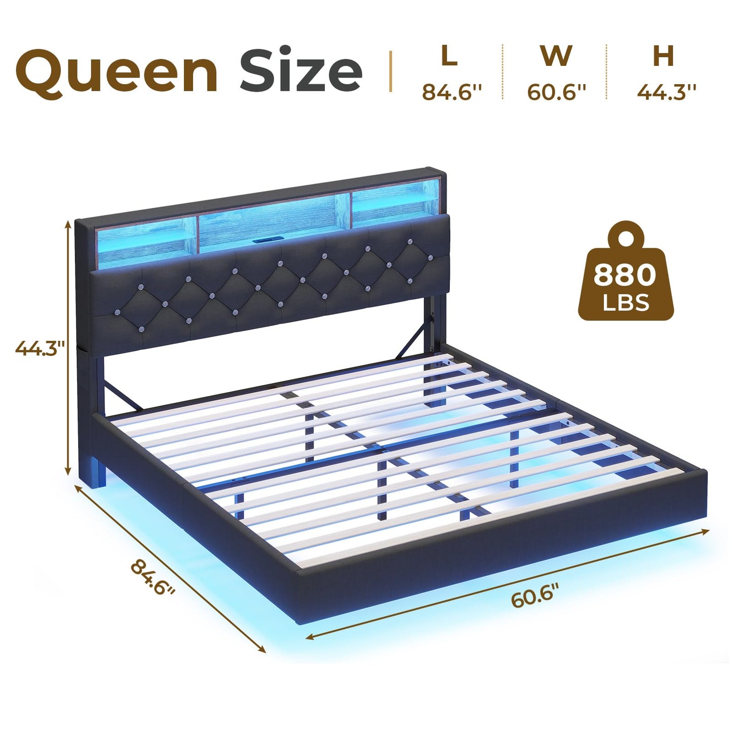 BTHFST Dark Grey Floating Bed Frame with LED Lights, Charging Station, and Hidden Storage - Queen Size - WoodArtSupply