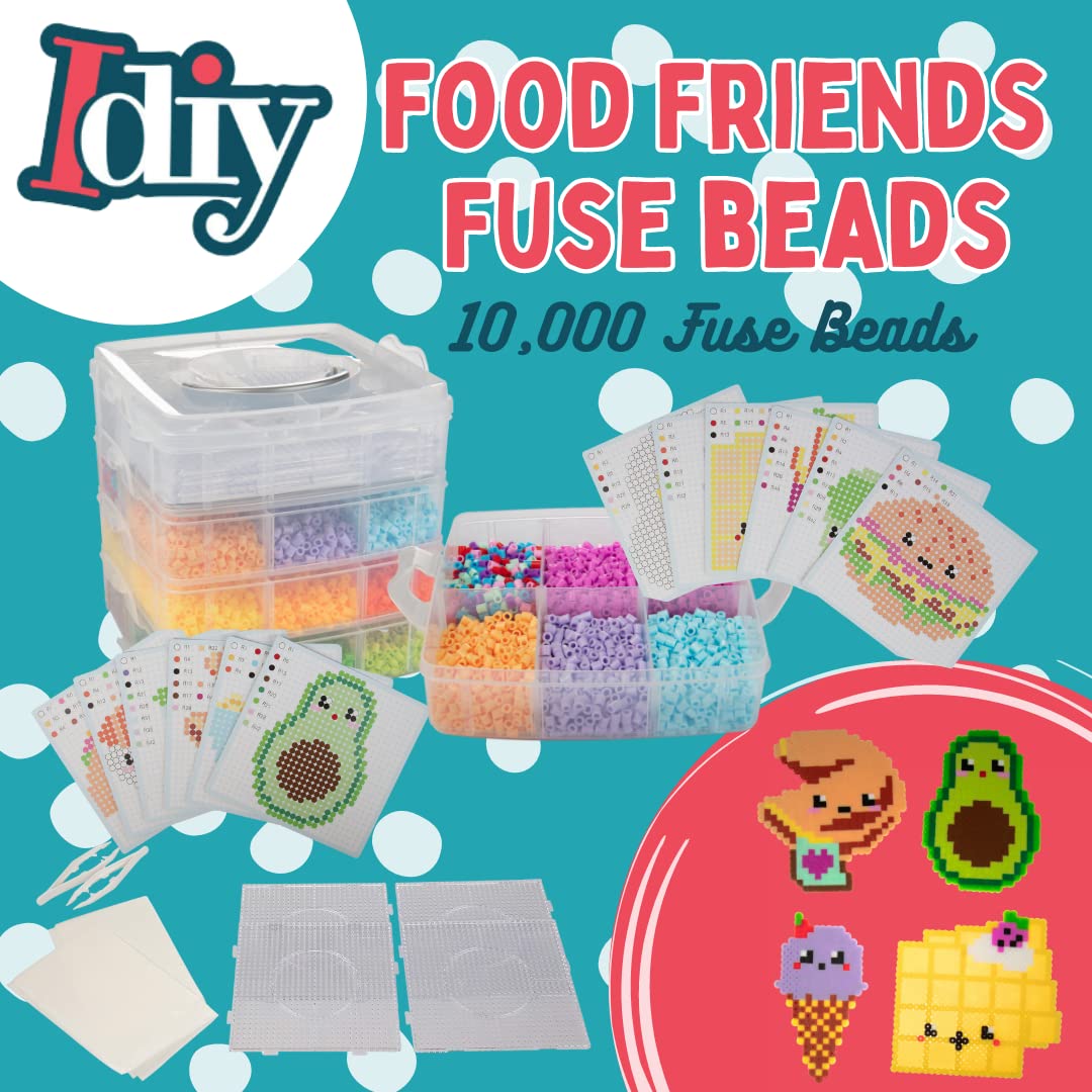 10,000pc DIY Fuse Bead Kit w Carrying Case - Fun Foods - 22 Colors, 12 Unique Templates, 4 Peg Boards, Tweezers, Ironing Paper, Case - Pixel Art Color by Numbers Craft Gift SCS Direct