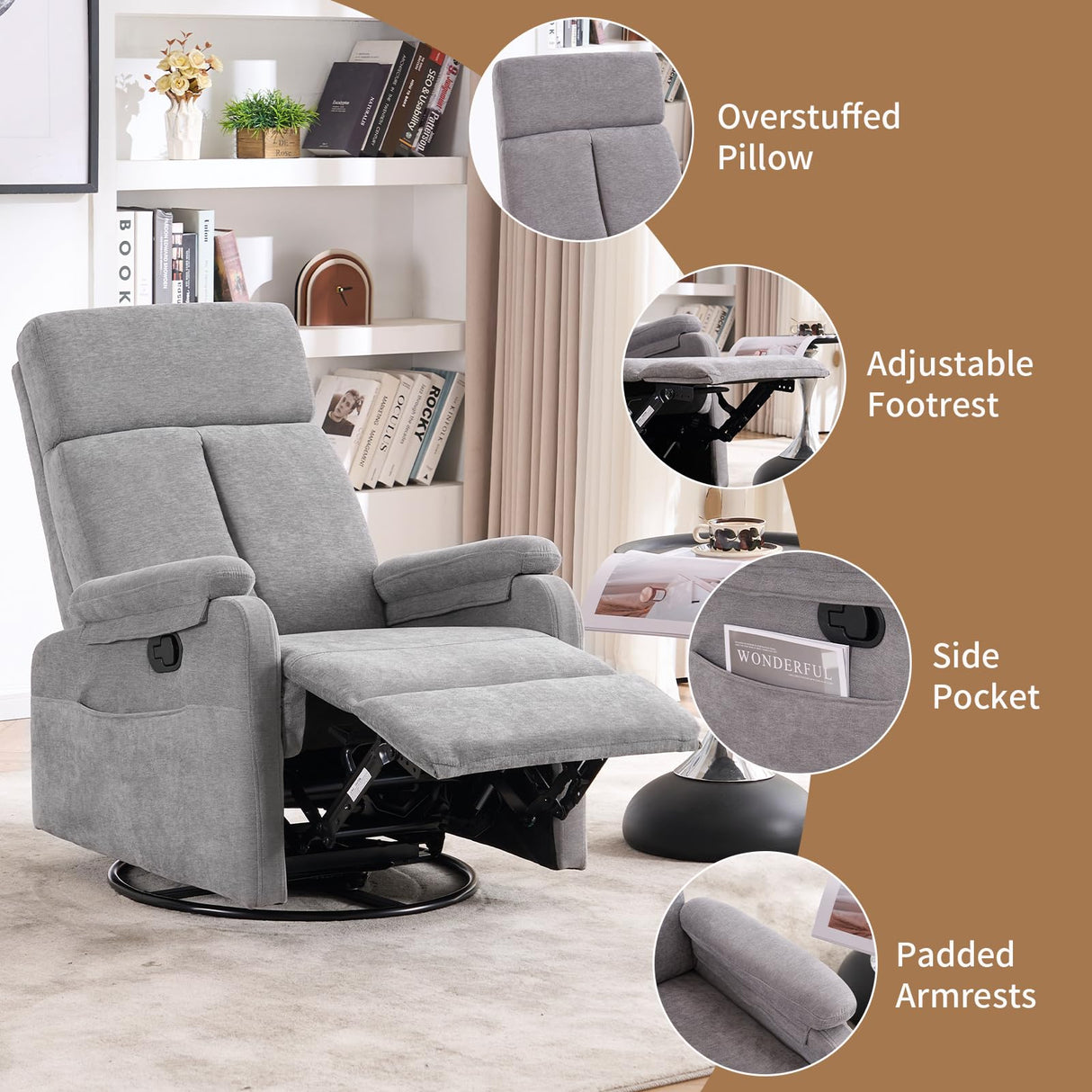 Zuacs Recliner Chairs, Swivel Rocking Chair Nursery, Glider Rocker Recliner Chair for Adults, Small Nursery Recliner for Living Room, Reclining with Modern-Designed Armrests, Upholstered Fabric Grey Zuacs