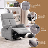 Zuacs Recliner Chairs, Swivel Rocking Chair Nursery, Glider Rocker Recliner Chair for Adults, Small Nursery Recliner for Living Room, Reclining with Modern-Designed Armrests, Upholstered Fabric Grey Zuacs