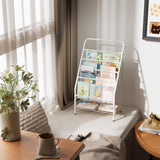 JAQ Kids Bookshelf, 4-Tier Metal Sling Kid Display Bookshelves Bookcase with Toy Storage in Baby Corner Library Room Classroom Playroom for Toddlers Nursery Children (4-tier/28.35inch, White) JAQ