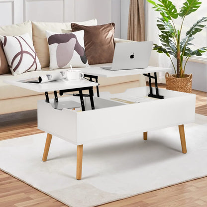 VOWNER Coffee Table, Lift Top Coffee Table with Separate and Hidden Storage Compartment, Double Lift Tabletop, Sofa Table for Home Living Room, White - WoodArtSupply