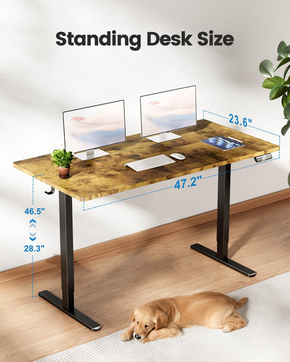 Zelimon Sit Stand Desk Adjustable Height 48"× 24" Memory Computer Stand Up Desk for Home Office Study Table with Hook, Rustic Brown