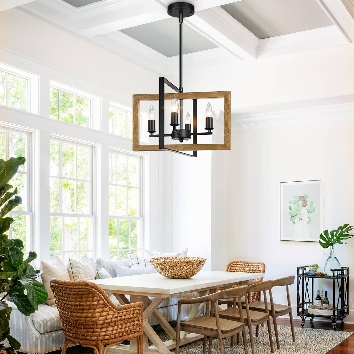 17" Farmhouse Chandelier, 4-Light Rustic Chandelier for Dining Room Light Fixture, Adjustable Wood Hanging Light Fixture for Living Room, Kitchen, Foyer, Bedroom and Entryway Lynnoland