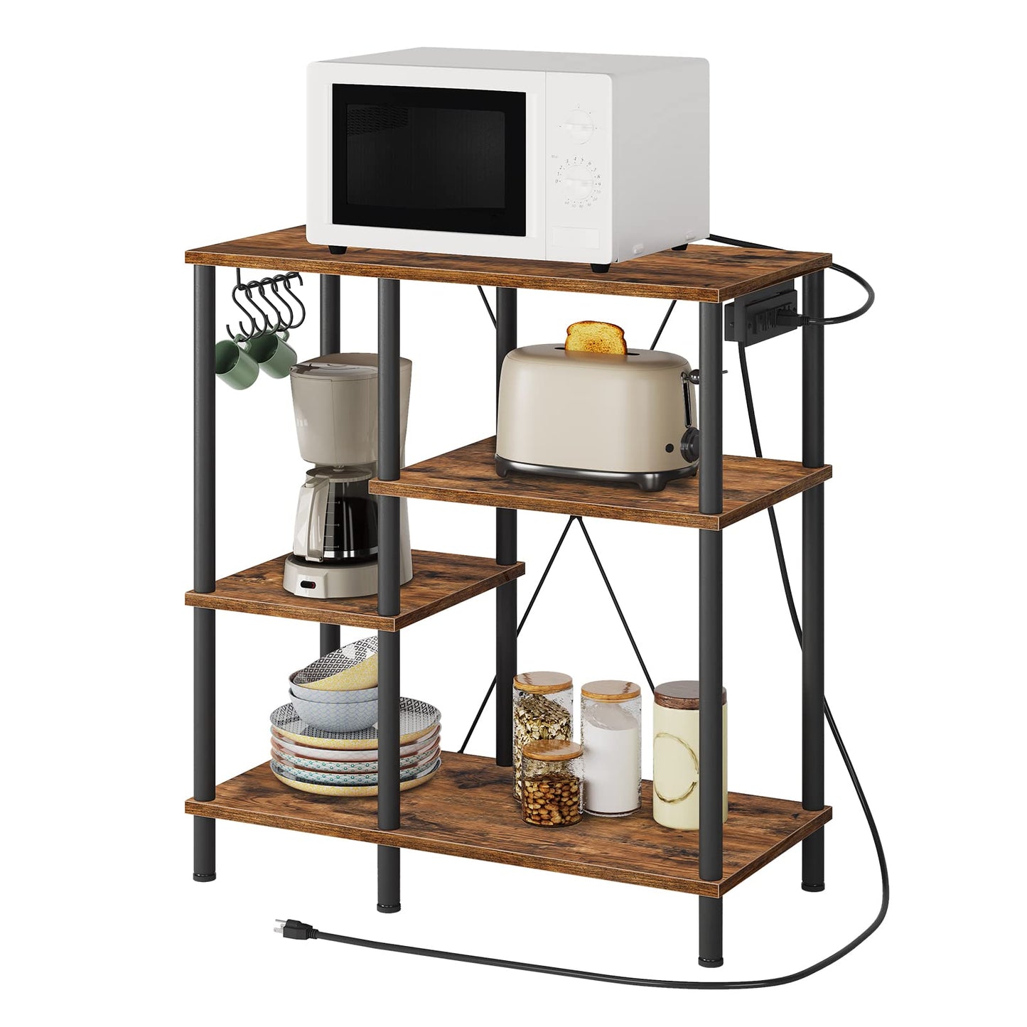 HOOBRO Bakers Rack with Power Outlet, Microwave Stand with 5 S-Shaped Hooks, Coffee Bar, Kitchen Storage Shelf, for Kitchen, Living Room, Rustic Brown and Black BF07UHB01