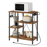 HOOBRO Bakers Rack with Power Outlet, Microwave Stand with 5 S-Shaped Hooks, Coffee Bar, Kitchen Storage Shelf, for Kitchen, Living Room, Rustic Brown and Black BF07UHB01 HOOBRO