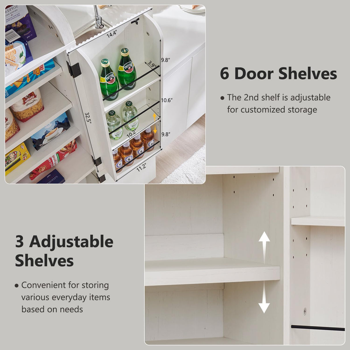 IFGET 71" Tall Arched Kitchen Pantry, Modern Fluted Wood Storage Cabinet with 4 Doors, 3 Adjustable Shelves, 6 Door Shelves, Organizer, Versatile Cupboard for Kitchen, Bathroom, Antique White IFGET