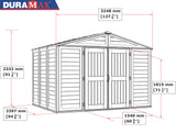 Duramax Woodbridge Plus 10.5 x 8 (8.02 m2) Plastic Garden Shed with 1 Fixed Window & Metal Foundation Kit, Strong Metal Roof Structure Fire Retardant and Maintenance-Free Storage Shed - Ivory/Brown DURAMAX