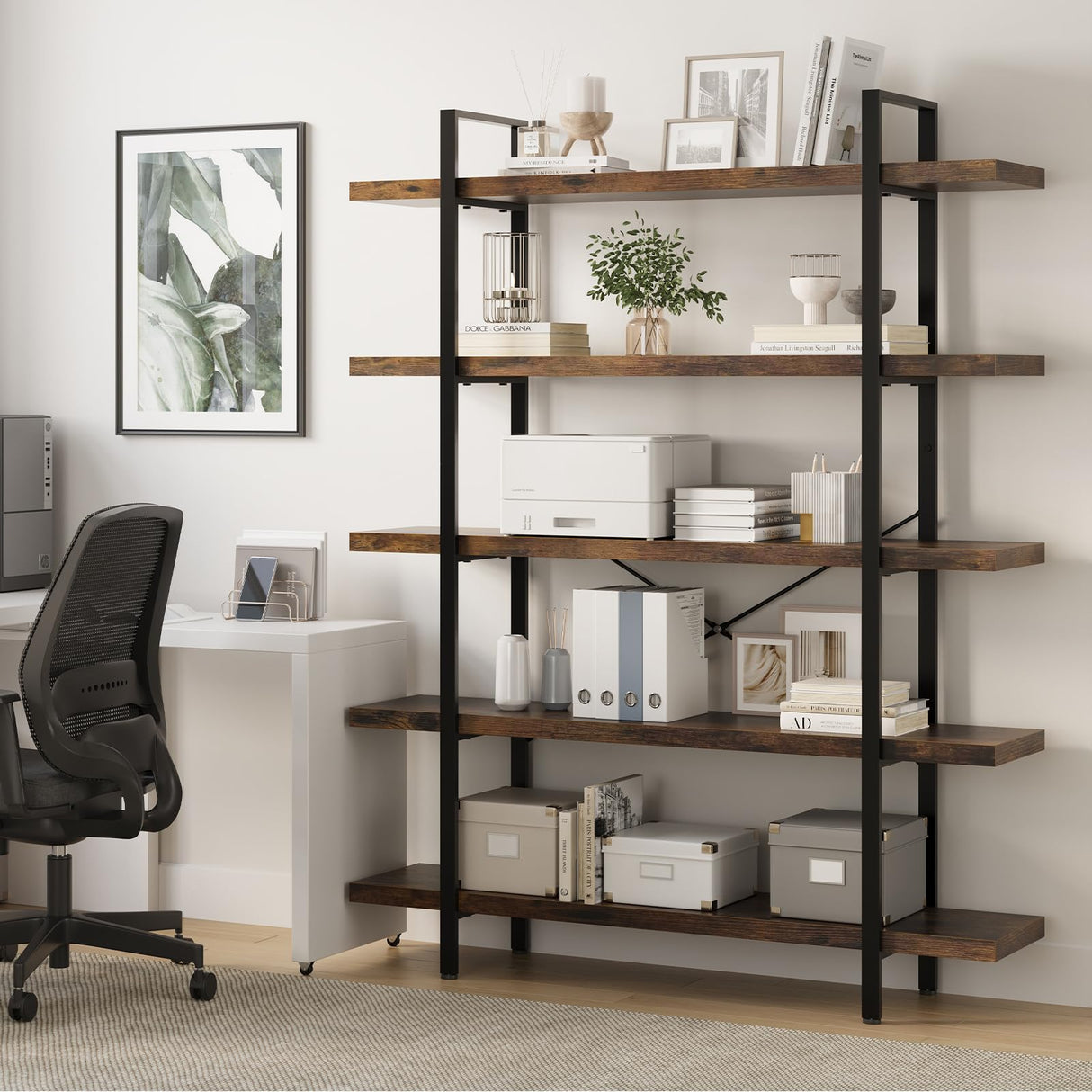 OtterOasis Heavy Duty 5-Tier Industrial Bookcase, 47" Wide Wood Bookshelf for Home Office, 120lbs Shelf Capacity, Rustic Open Shelving Display with Reinforced Horizontal Shelf for Living Room Bedroom OtterOasis