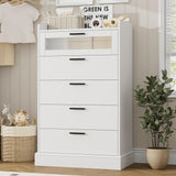 HOSTACK Modern 5 Drawer Dresser for Bedroom, Tall White Dresser Chest of Drawers with Metal Handles, Wood Dresser Storage Cabinet with Anti-Drop Fence & Fluted Glass for Living Room, Entryway, White HOSTACK