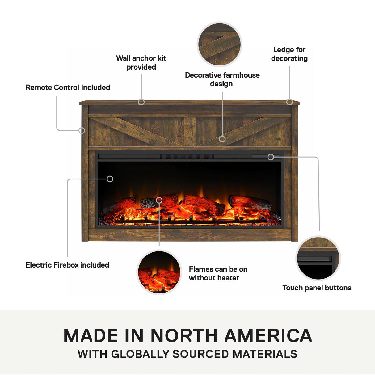 Ameriwood Home Farmington Wide Modern Farmhouse Mantel with Electric Fireplace, 49", Century Barn Pine Ameriwood Home