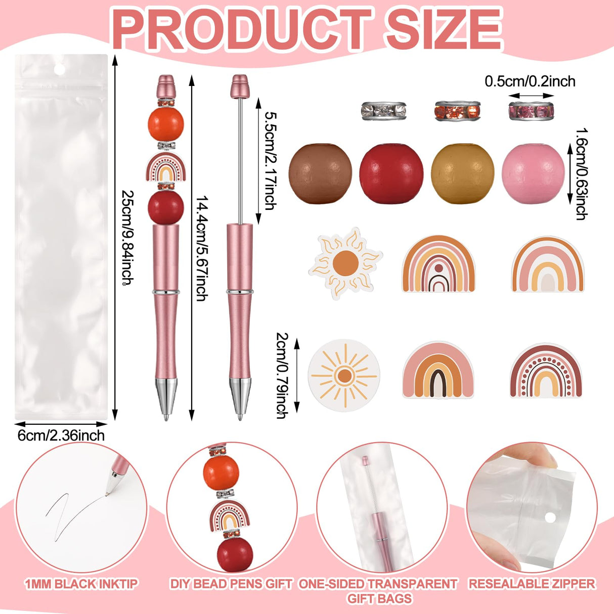 Colarr 24 Sets Plastic Beadable Pens DIY Pens Making Kit Assorted Wood Beads Crystal Spacer Black Ink Ballpoint for Women Crafts Office Family Gifts(Rainbow) Colarr