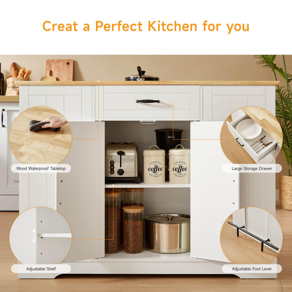 ONBRILL Stationary Kitchen Islands Include 2 Chairs, 47" Kitchen Island with Drop Leaf, Home Bar Table with Spice Rack & with Trash Cabinet, Island Table for Dining Room with Power Outlet, White ONBRILL