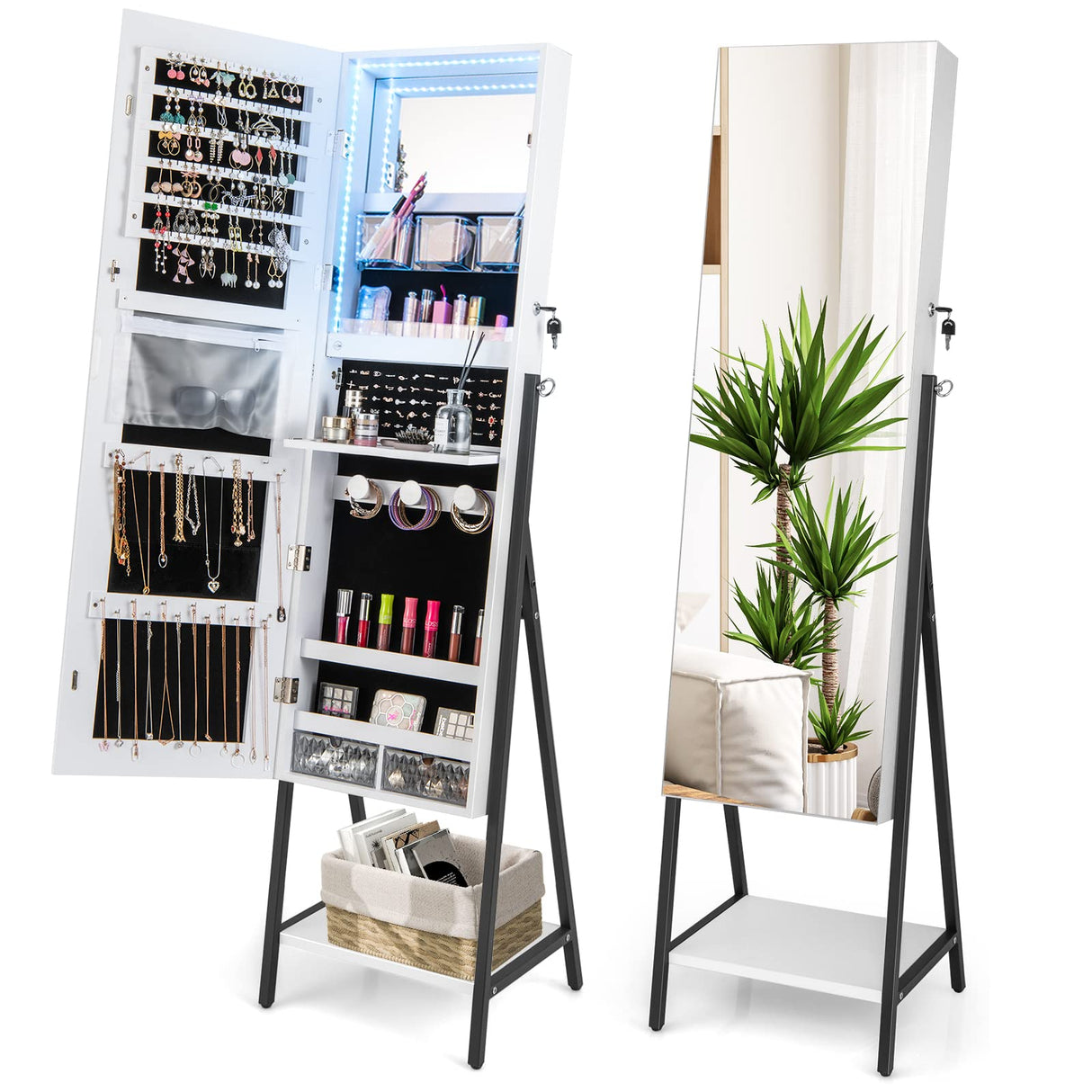 CHARMAID LED Strip Jewelry Armoire with 47.2" H Full Length Mirror, Lockable Jewelry Cabinet Organizer with 3-Color Lights, 3 Brush Boxes, 2 Drawers, Bottom Storage Shelf, Metal Frame (White) CHARMAID