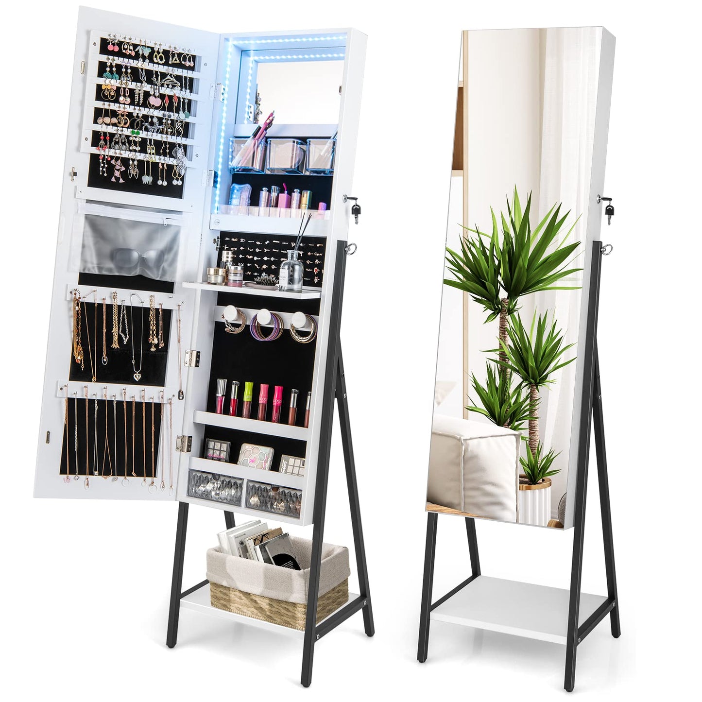 CHARMAID LED Strip Jewelry Armoire with 47.2" H Full Length Mirror, Lockable Jewelry Cabinet Organizer with 3-Color Lights, 3 Brush Boxes, 2 Drawers, Bottom Storage Shelf, Metal Frame (White) - WoodArtSupply