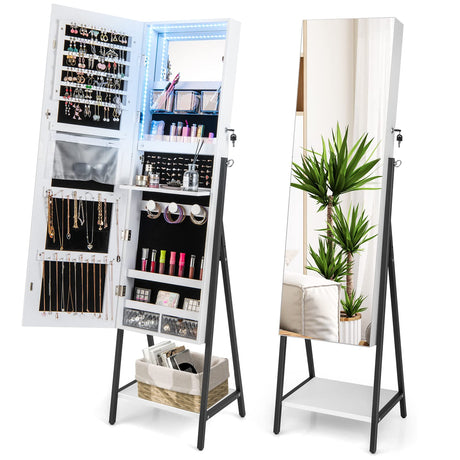 CHARMAID LED Strip Jewelry Armoire with 47.2" H Full Length Mirror, Lockable Jewelry Cabinet Organizer with 3-Color Lights, 3 Brush Boxes, 2 Drawers, Bottom Storage Shelf, Metal Frame (White) CHARMAID