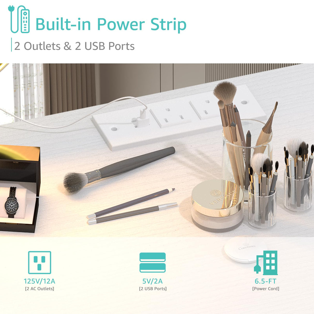 Lufeiya White Makeup Vanity Desk with Mirror and Lights, 40 inch Make Up Vanity Desks with Fabric Drawers & Charging Station, Dressing Table and Chair Set for Bedroom Girls, White Gold Lufeiya