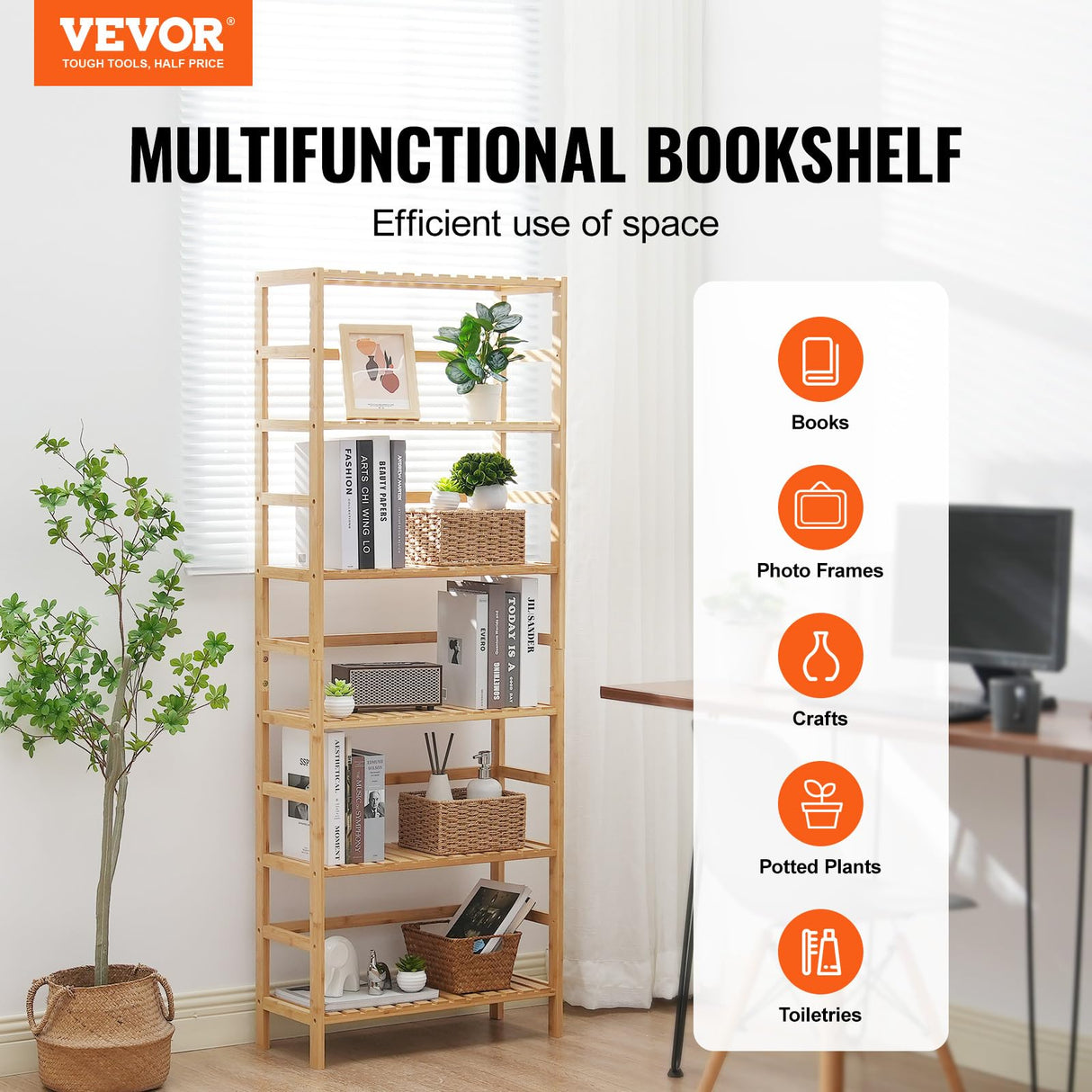 VEVOR 6-Tier Bamboo Shelf, Open Wood Bookshelf, Display Storage Rack Organizer, Freestanding Flower Plant Stand, Multifunctional Bamboo Bookshelf Ideal for Bathroom, Bedroom, Office, Study, Natural VEVOR
