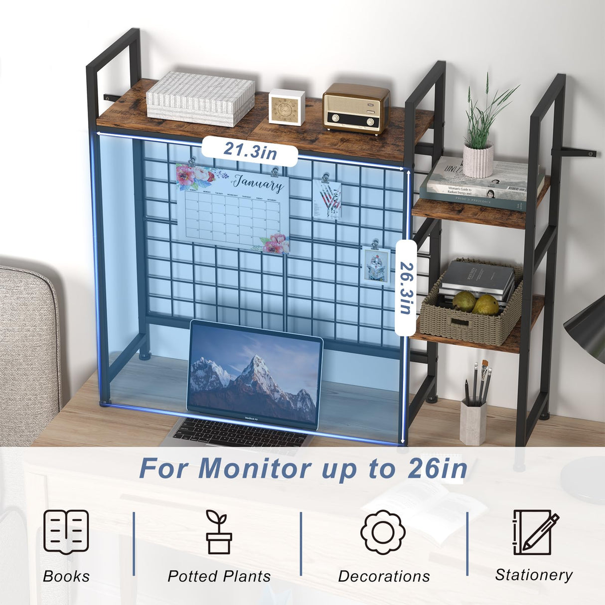 NOVIMANGO Desktop Shelf, Computer Desktop Bookcase, 37.4" Desk Bookshelf, Desk Hutch Organizer for Computer, 3-Tier Multipurpose Wood Desk Hutch Bookshelf NOVIMANGO