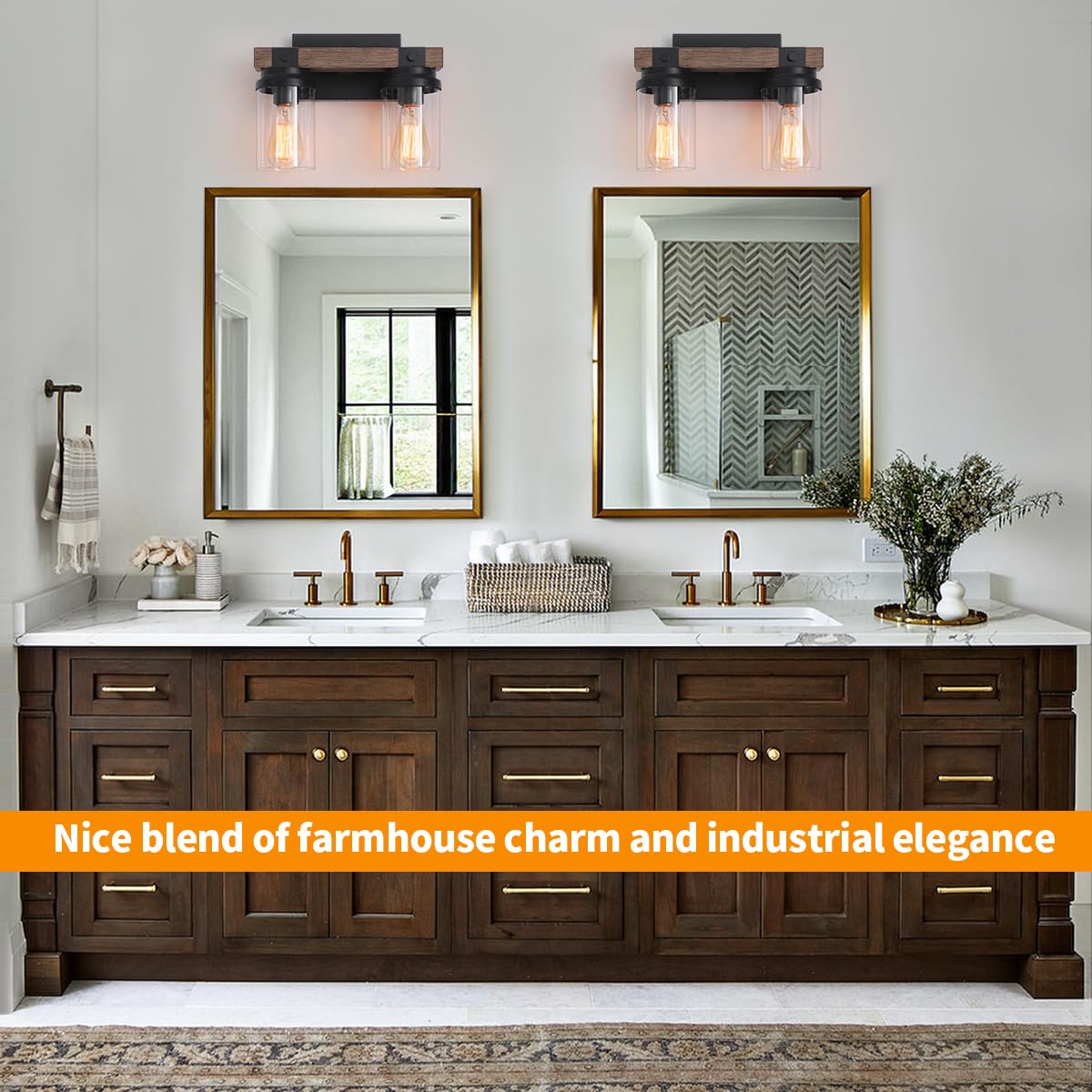 Farmhouse Wood Vanity Light, 2-Lights Bathroom Vanity Light, Rustic Black Bathroom Lighting Fixtures Over Mirror, Vintage Industrial Wall Sconces with Durable Glass Shade ZSMIHDOH