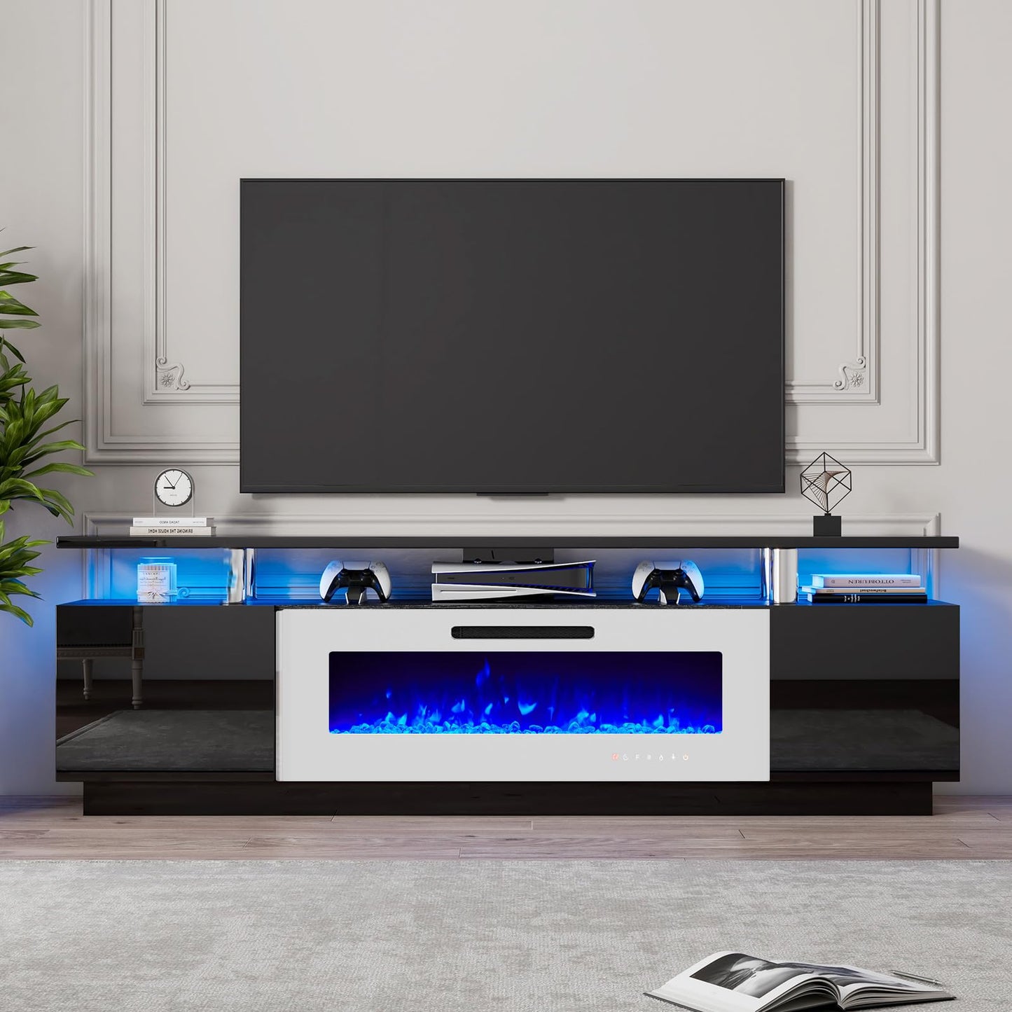 LUXOAK 80" Fireplace TV Stand, Modern High Gloss Finish Media Console with 40" Electric Fireplace, Open Storage Entertainment Center for TVs Up to 90" with LED Lights, Black/White