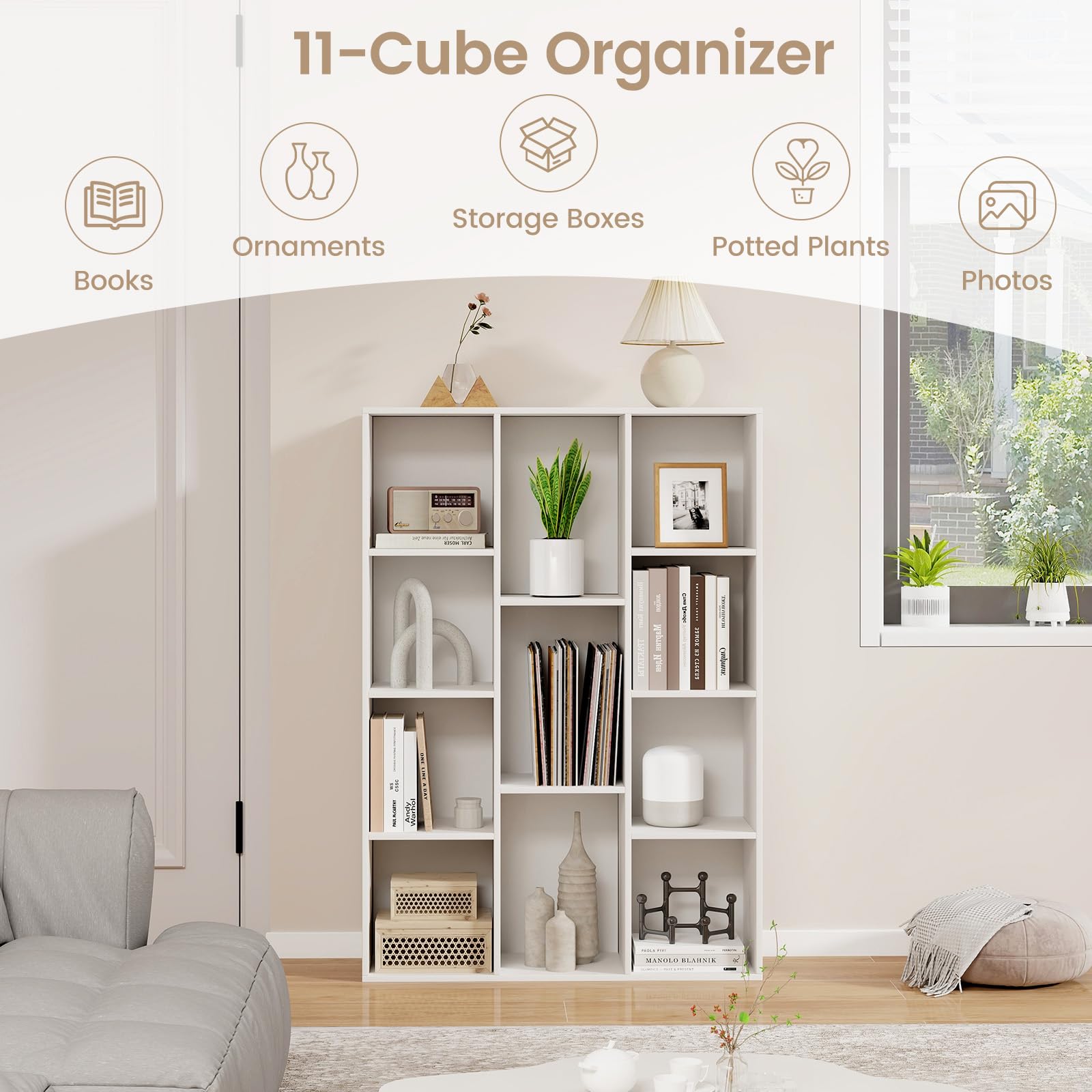 Giantex 11-Cube Reversible Wooden Bookshelf - Modern Freestanding Storage Organizer in White - WoodArtSupply