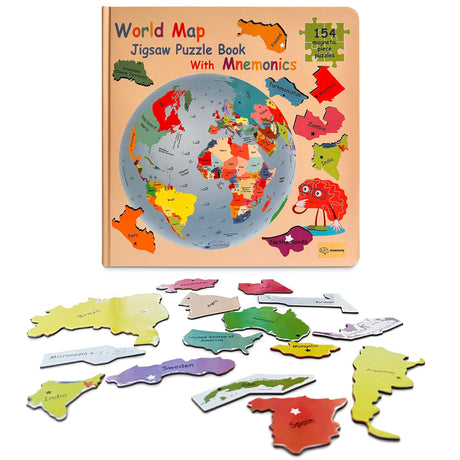 MNEMORY Geography Magnetic World Map Jigsaw Puzzle Book with Mnemonics: Fun Memory Tricks for Learning Countries & Capitals | Educational Tool for Kids Ages +6 and Adults MNEMORY