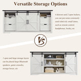 Farmhouse TV Stand for 75+ Inch TV, 32" Tall Entertainment Center w/4 Drawers & Sliding Barn Door, Rustic Media Console w/Storage Shelves, 66" Wood Television Stand for Living Room, Off White JXQTLINGMU