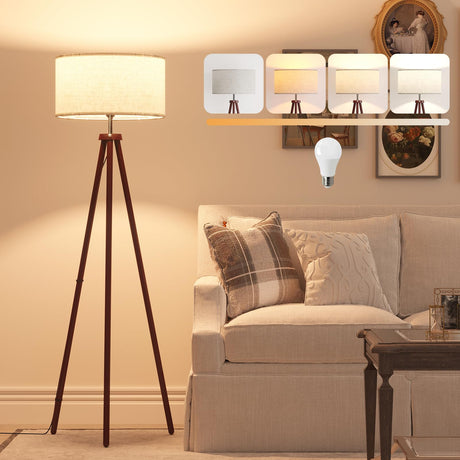 LiteHistory Wood Tripod Floor Lamps for Bedroom, Living Room, and Office,Corner lamp with Beige Linen Shade, 12W Three-Color Bulb Included, Pull Chain Switch, Lights for Bedroom Decor, Walnut LiteHistory