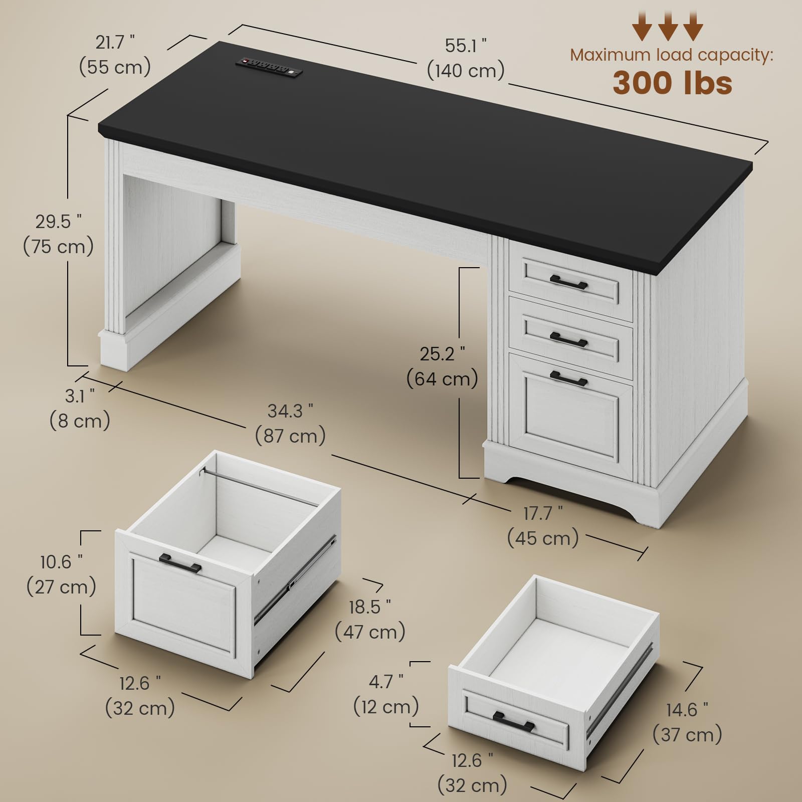 Itaar Farmhouse 55" Executive Desk, Computer Desk with Storage Drawers and Power Outlet, Home Office Desk, Workstation for Office Home, White - WoodArtSupply