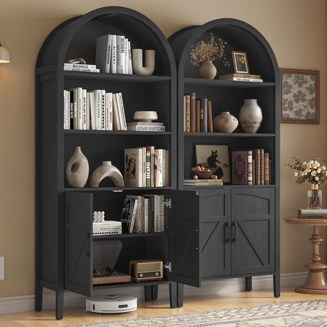 ONBRILL 71" Tall Arched Bookshelf, 5-Tier Arched Bookcase with Door & Storage Cabinet, Farmhouse Display Bookshelf Cabinet with Adjustable Shelf, Freestanding Wood Bookcase for Home Office, Study ONBRILL