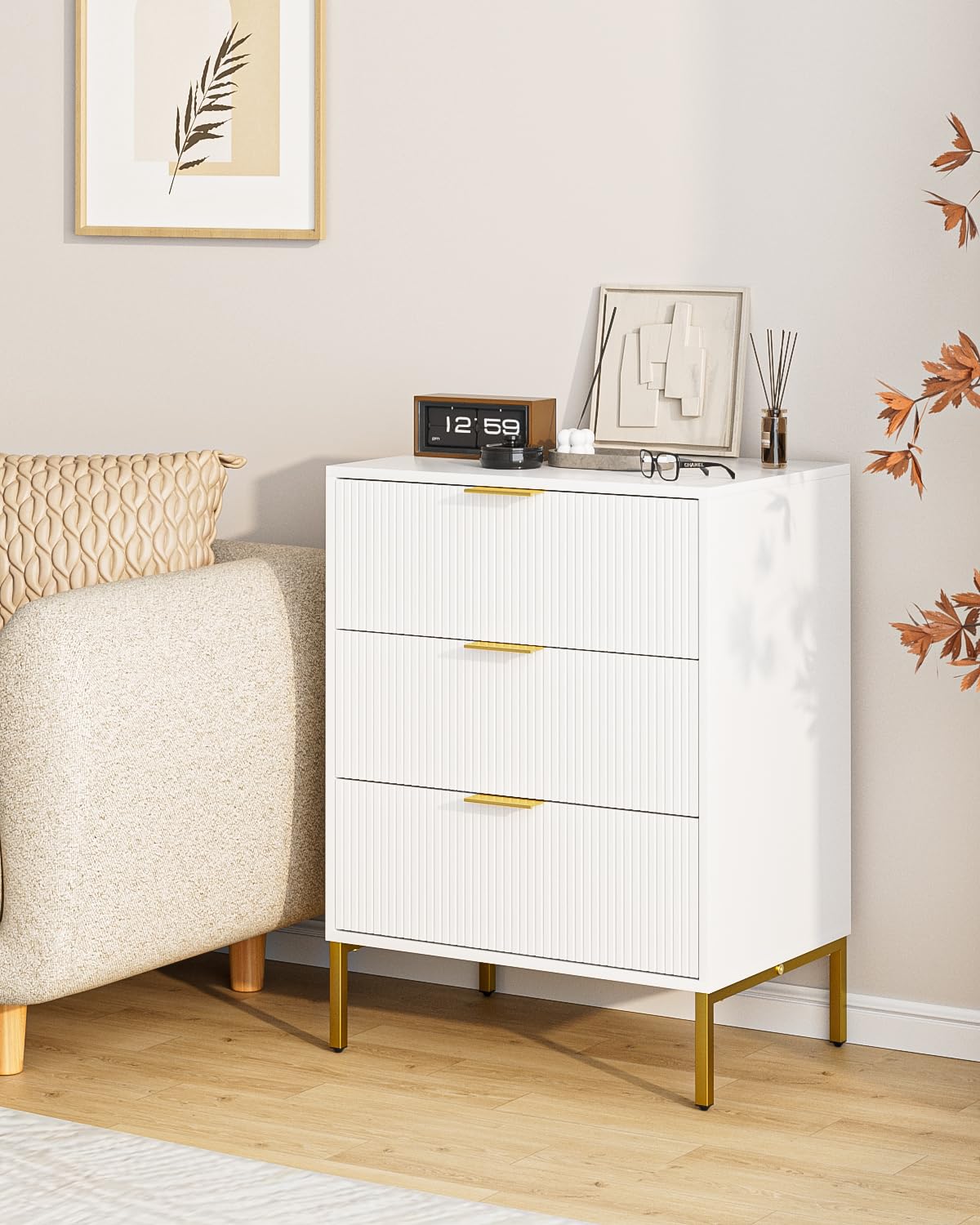 Aienvey Night Stand,Tall Bedside Table with 3-Storage Drawers,White Nightstand,End Table,Bedside Furniture,Side Table with Gold Frame,Fluted Drawer Dresser for Bedroom,Living Room - WoodArtSupply