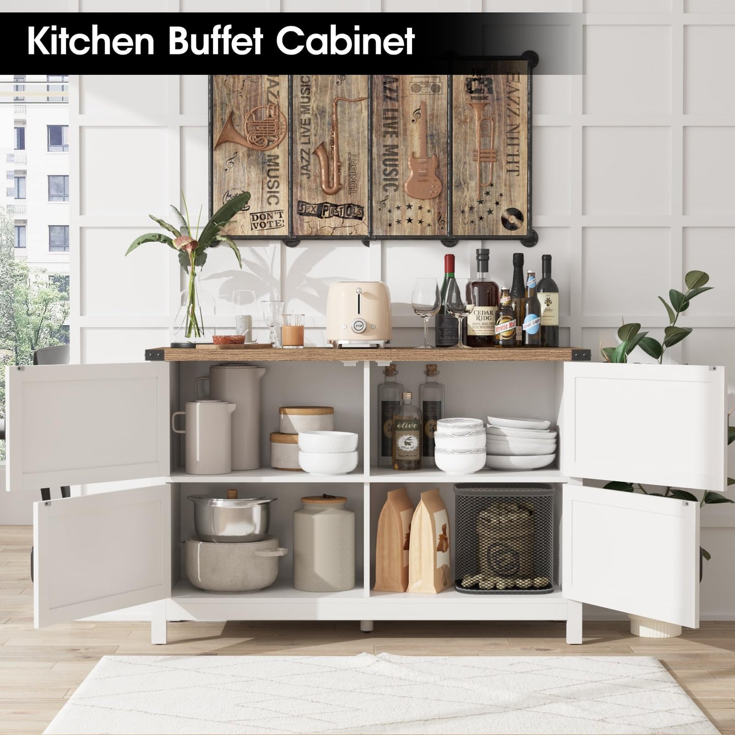 Vabches Storage Cabinet with 4 Barn Doors, 47.3'' Coffee Bar Buffet Cabinet, Sideboard Buffet Cabinet for Dinning Room, Kitchen & Living Room,White