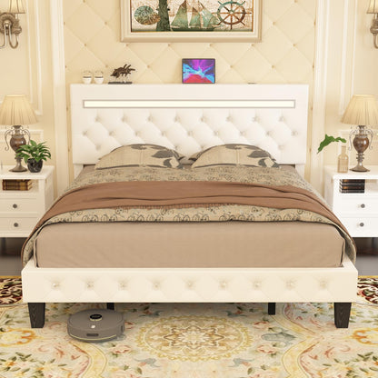 Kallabe White King Size Adjustable Leather Bed Frame with LED Lights & Charging Station - WoodArtSupply