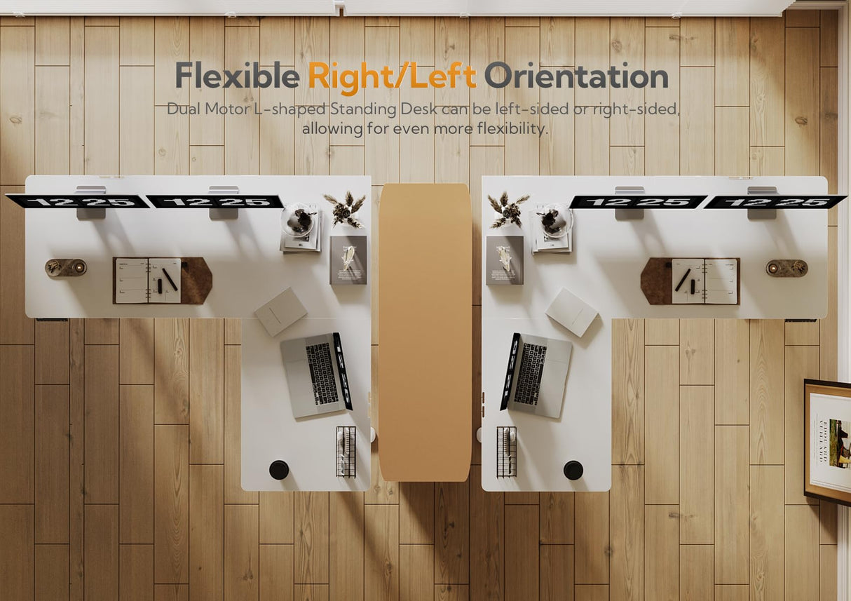 Claiks L Shaped Standing Desk Adjustable Height, Dual Motor Electric Corner Standing Desk, 63x55 inch Sit Stand up Desk with Splice Board, White Claiks