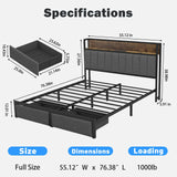 Full Size Bed Frame with Headboard Storage LED Bed with Sliding Drawers and Charging Station, No Box Spring Needed, Thickened Metal Slats, Easy Assembly Yeeloon
