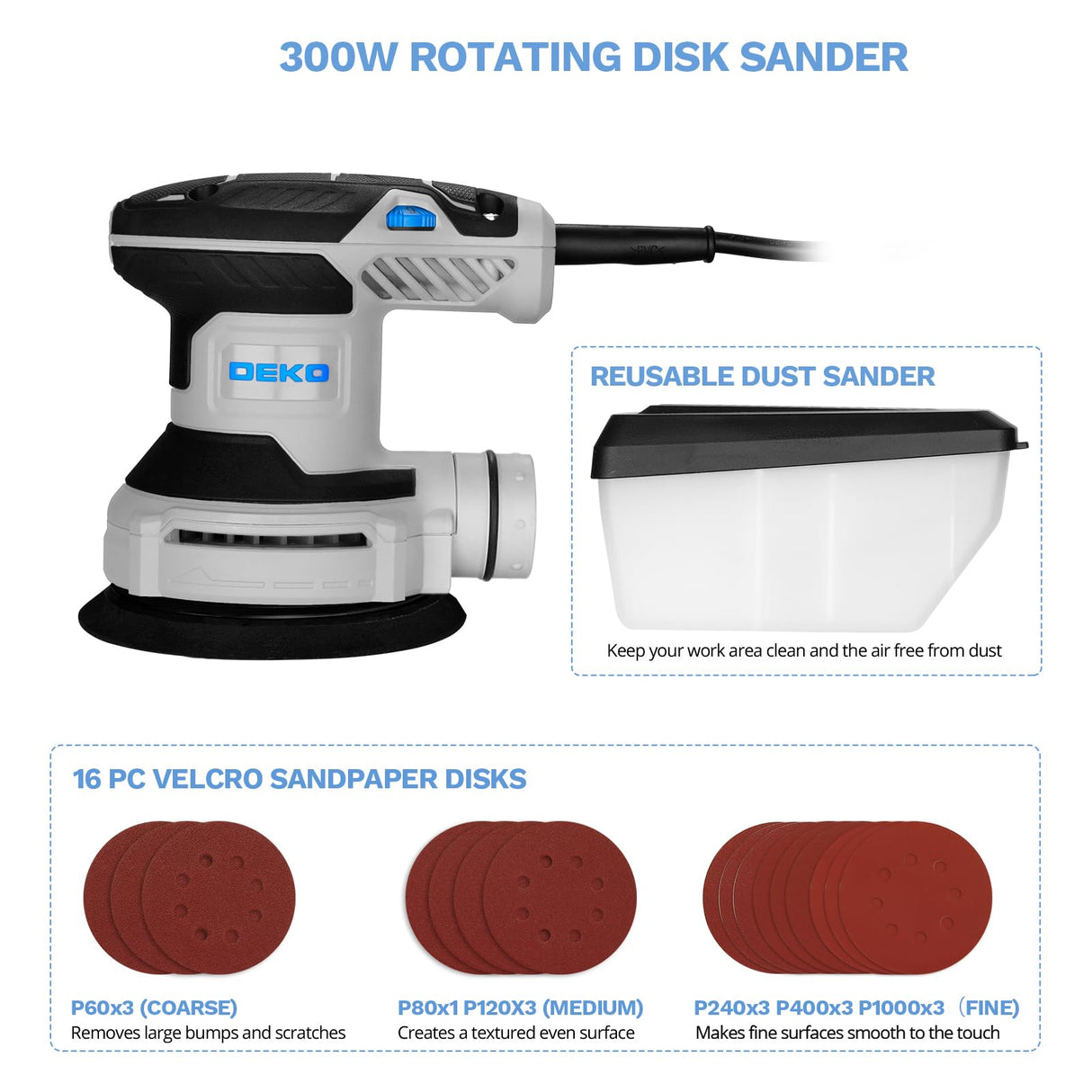 Orbital Sander Corded Hand Sander: DEKOPRO 20V 5" Random Orbital Sander with Dust Box, 6 Various Speeds Electric Palm Sander with Dust Box, 16Pcs Sandpapers for Woodworking & Sanding (Blue) DEKOPRO
