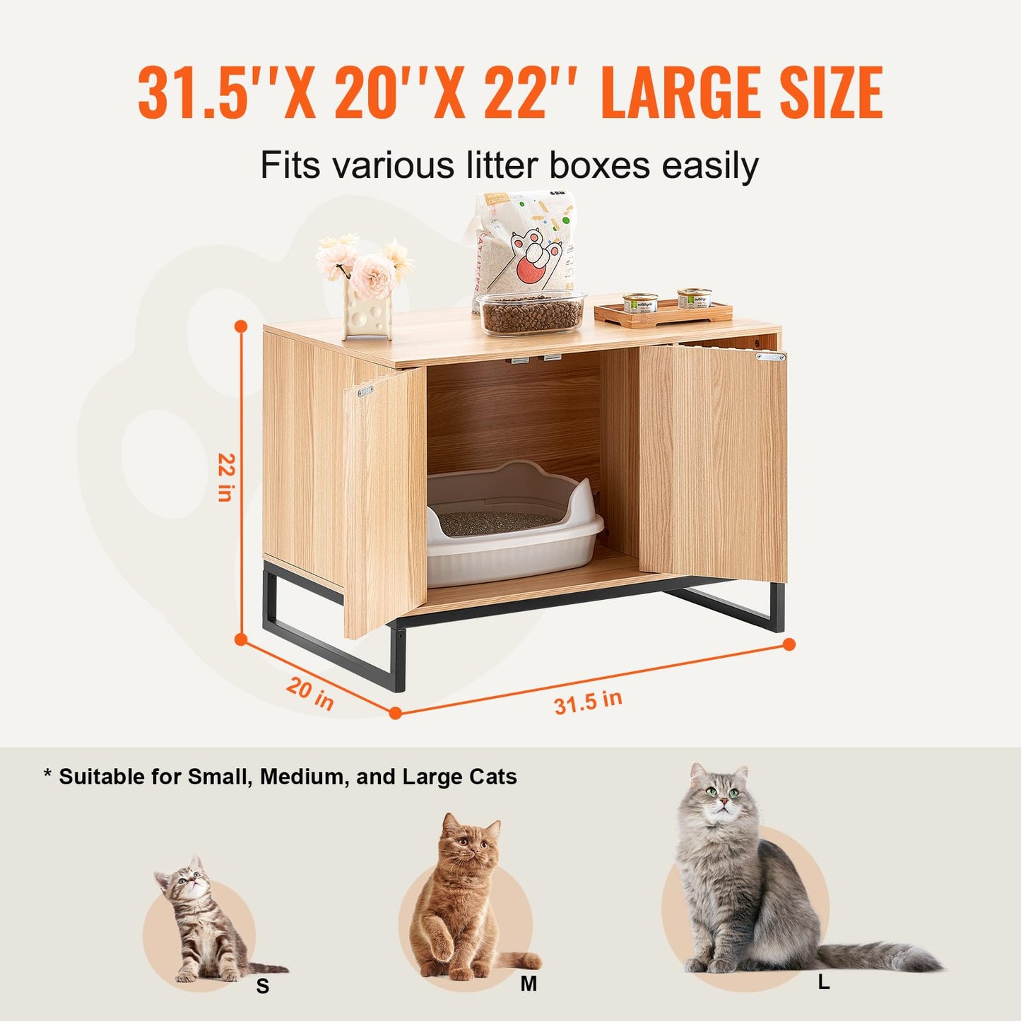 VEVOR Cat Litter Box Enclosure, Hidden Litter Box Furniture, Wooden Cat Washroom Indoor with 2 Doors & Study Metal Legs, Cat House Cabinet Hidden Fit Most of Litter Box, 31.5"L x 20"W x 22"H, - WoodArtSupply