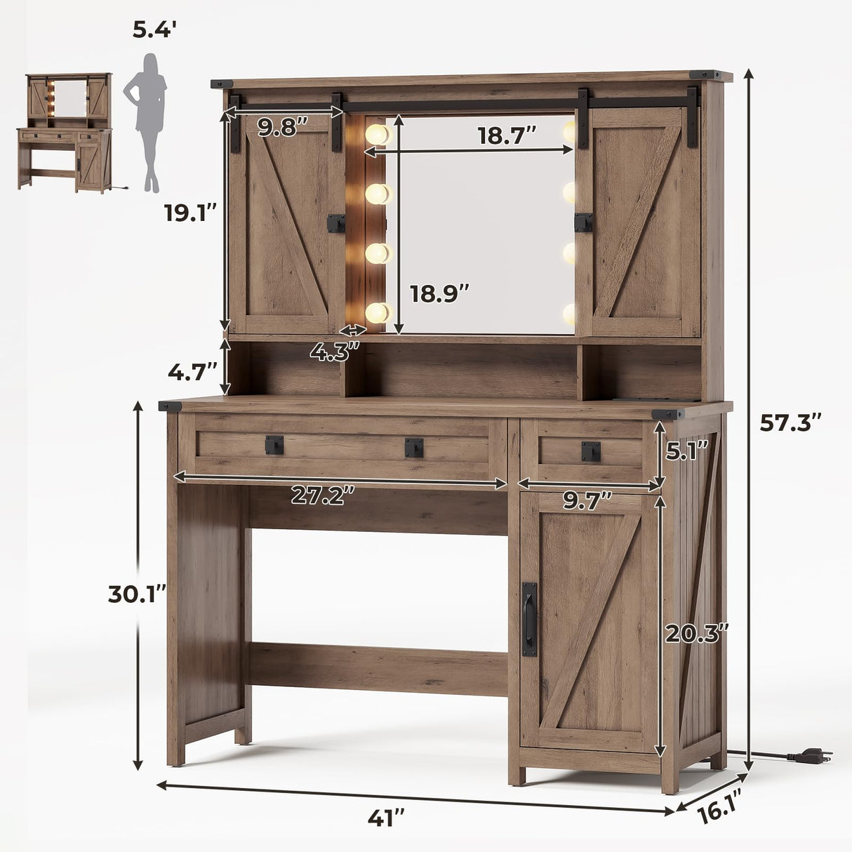 Farmhouse Vanity Desk with Mirror and Lights, 41" Sliding Door Makeup Vanity with Charging Station, Large Vanity Table with Drawers/Shelves/Cabinet Storage, Rustic Oak MSmask