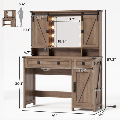 Farmhouse Vanity Desk with Mirror and Lights, 41" Sliding Door Makeup Vanity with Charging Station, Large Vanity Table with Drawers/Shelves/Cabinet Storage, Rustic Oak