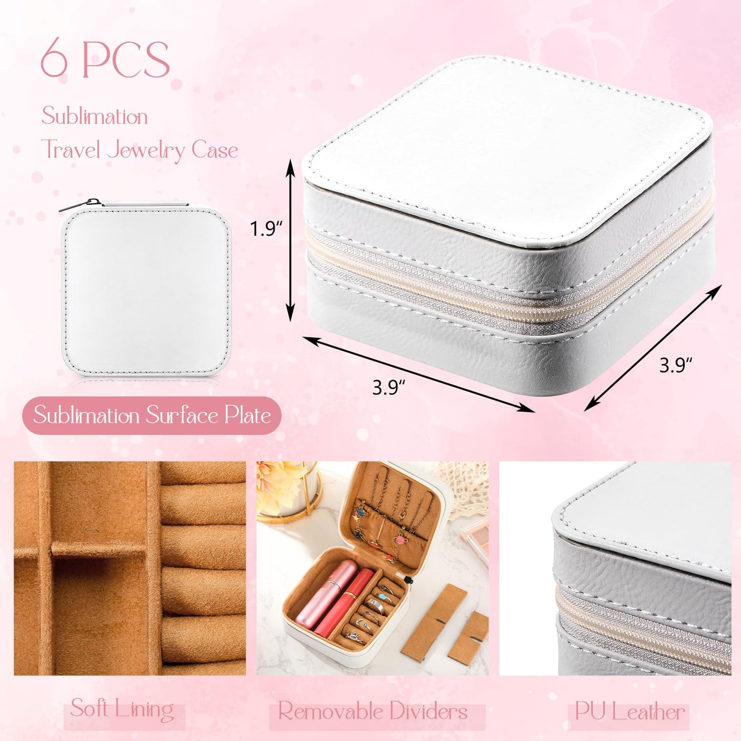 Tondiamo 6 Pcs Sublimation Travel Jewelry Case Small Travel Jewelry Box Portable Jewelry Organizer Mother's Day Travel Gifts(White)