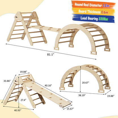 CMFYDAILY Large Pikler Triangle Set, 5 in 1 Foldable Baby Climbing Gym Indoor Montessori Climbing Set Wooden Toddler Climbing Toys with Arch, Ramp, Ladder