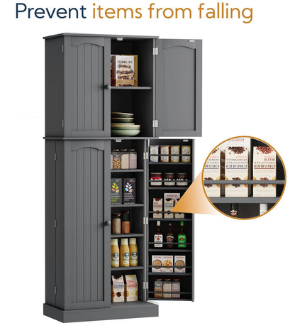 Yusong Tall Kitchen Pantry Storage Cabinet with Doors and Shelves, Wooden Food Pantry Farmhouse Cupboard Freestanding Buffet for Kitchen Dining, Grey - WoodArtSupply