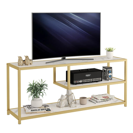 Function Home TV Stand for TVs up to 55 Inch, 3 Tier Entertainment Center, Media Console with Open Storage Shelves for Living Room Bedroom, 47” Modern TV Table with Faux Marble Top Gold Metal Leg Function Home