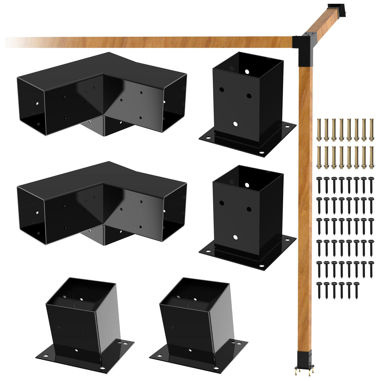 Heavy Alloy Steel Pergola Slanted Roof Bracket Kit with 3-Way Brackets for 4"x 4" (Actual 3.6" X 3.6") Lumber， Roof Wall Mount Pergola Bracket Suitable for Pergolas,Porch- includes Screws JEXALINE